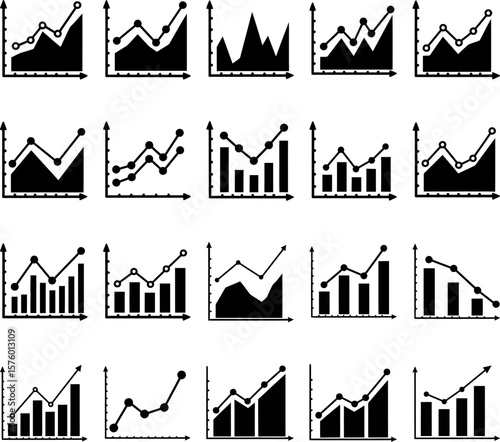 Collection of Black and White Growth Chart Icons for Business Reports, EPS Vector Silhouette File