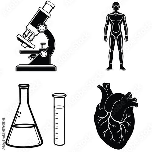 Vector art of a collection of scientific and medical icons including a microscope, human figure, heart, and laboratory glassware