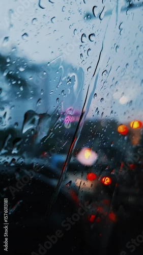 Raindrops on a window with a blurred view of city lights and traffic during a rainy night. Urban street scene captured through glass during a thunderstorm.
