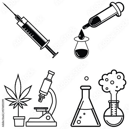Vector art of scientific and medical icons featuring a syringe, dropper, cannabis plant, microscope, and laboratory flasks