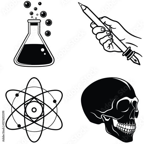 Vector art of scientific and educational icons including a bubbling flask, hand writing, atomic model, and a human skull
