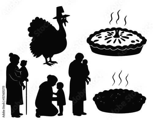 Thanksgiving Silhouette: A set of stylized silhouettes evokes the essence of Thanksgiving, including turkey, people and pie, evoking warmth and tradition.