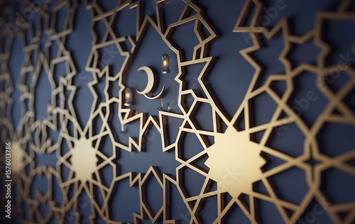 Islamic Golden Geometric Pattern with Lanterns – 3D Abstract Luxury Background Design