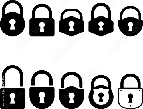 Ten Black Padlock Icons: Security, Privacy, and Web Design Elements, Silhouette Vector EPS File