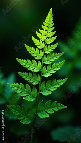 Glowing fern, delicate veins visible, rich contrast, nature, vegetation