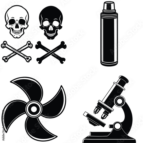 Vector art of a collection of black and white icons including skulls, crossbones, a thermos, a fan, and a microscope