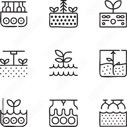 Nine minimalist black line art icons representing plant growth and cultivation icon set agriculture