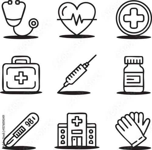 Nine minimalist black line art medical icons including stethoscope heart pulse syringe and hospital icon set