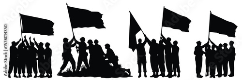 Shadow March: A collective of people in silhouette, marching forward, with flags held aloft.
