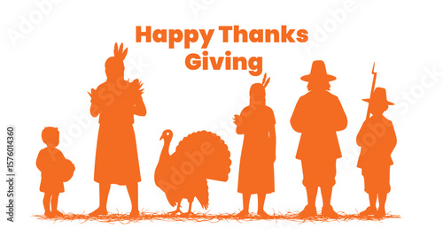 Thanksgiving: Traditional Thanksgiving holiday silhouette illustration featuring, indigenous people, pilgrim, child, and turkey create a festive and cultural scene.