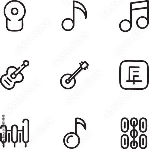Nine minimalist black line art music and sound icons on white background icon set audio