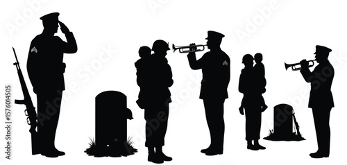 Honoring Fallen Heroes: Silhouette of soldiers, mothers, babies, and buglers in a poignant scene of remembrance, featuring the solemnity of a memorial, and a respectful tribute.