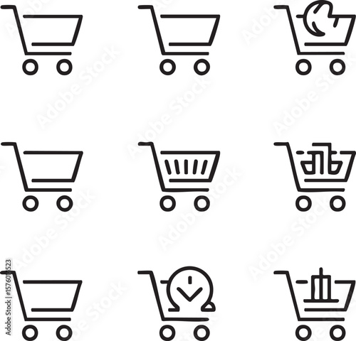 Nine minimalist black line art shopping cart icons with various items and symbols grocery cart icon trolley icon