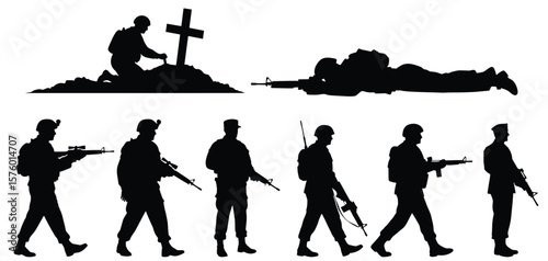 Warriors in Shadow: Silhouetted figures of soldiers in various postures, capturing the solemnity and valor of military life. A powerful image of remembrance and service.
