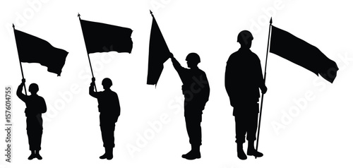 Soldiers Silhouette with Flags: A powerful image featuring multiple silhouettes of soldiers proudly holding flags, symbolizing patriotism, unity, and military service.  