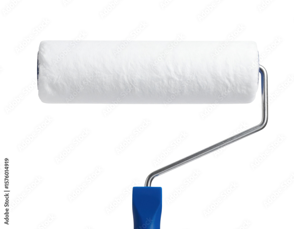 Fototapeta premium A white paint roller with a blue handle designed for smooth application of paint on surfaces.