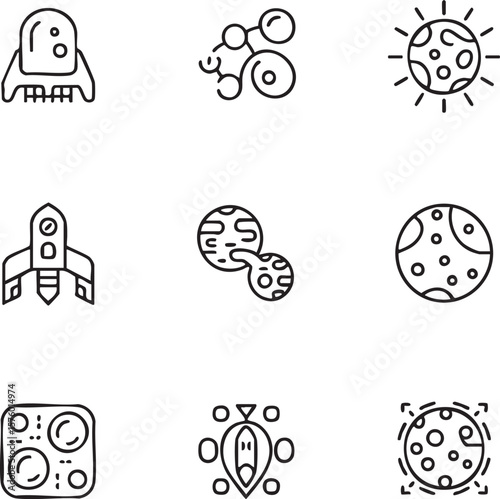 Nine minimalist line art icons depicting space exploration and celestial bodies icon set rocket