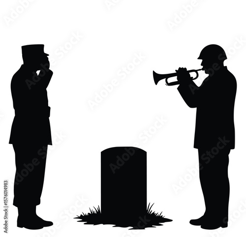 Remembering Fallen Heroes: Silhouettes of soldiers in solemn tribute stand by a tombstone, a bugler plays a mournful tune in a poignant remembrance of those who served and sacrificed.