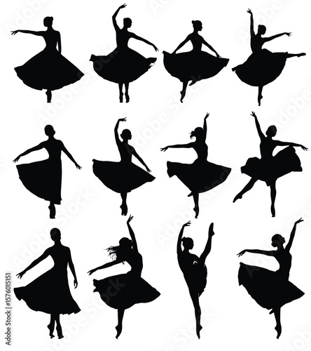 Ballet Dancer Silhouettes: A collection of twelve elegant ballet dancer silhouettes showcasing various graceful poses and movements, perfect for design projects and artistic endeavors.