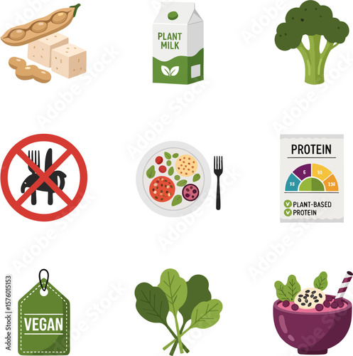 Vegan food guide showcasing plant-based protein sources, including tofu, plant milk, broccoli, and spinach, alongside a no-meat symbol and nutritional information.