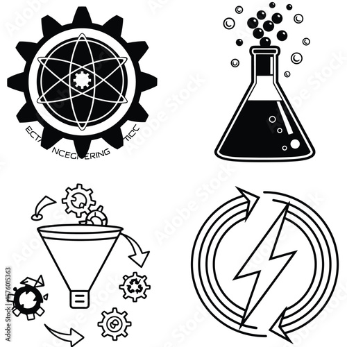 Vector art of a compilation of icons representing engineering, science, and education, including gears, energy symbols, and academic achievements