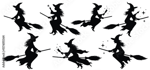 Witches on Broomsticks: A Silhouette Collection of Witches soaring on broomsticks, casting spells amid a scattering of stars, evokes the enchantment and mystery of Halloween night.