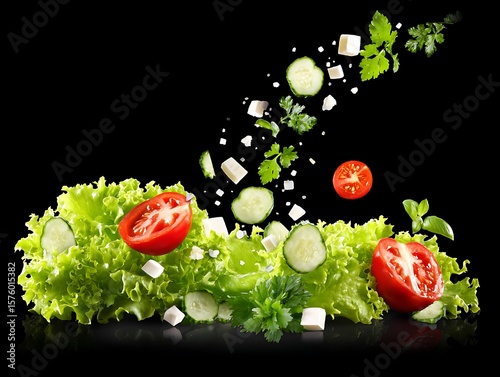 Fresh salad ingredients in mid-air against a black background.