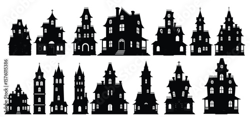 Shadowy Silhouette: A collection of ominous, gothic-style house silhouettes stands against a mysterious background, evoking an atmosphere of suspense, mystery, and the macabre.
