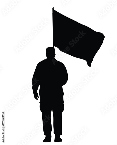Silhouette of a Soldier with a Flag: A stoic soldier silhouette carries a billowing flag against a clean backdrop, representing duty, honor, and national pride. 