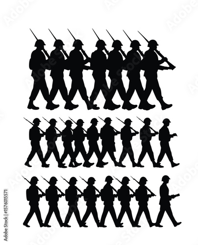 Soldiers Marching in Formation: A regiment of soldiers strides forward in perfect unison, their silhouettes a stark contrast against a plain backdrop, embodying discipline, precision.