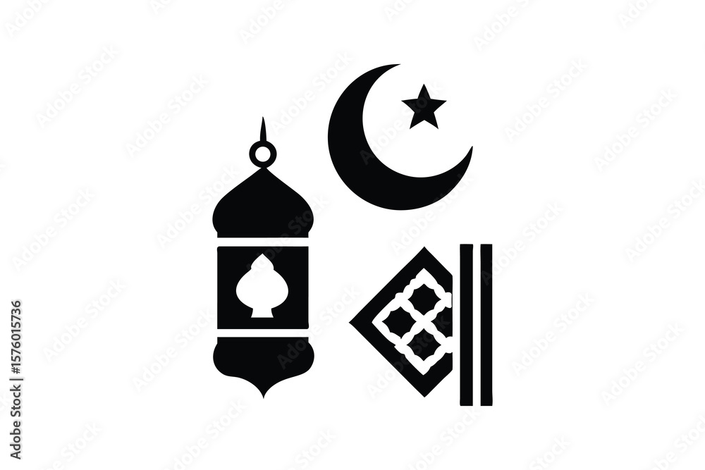 Fototapeta premium Elegant Ramadan Icons: Crescent Moon, Star, Lantern, and Prayer Mat in Minimalist Black Silhouette Design