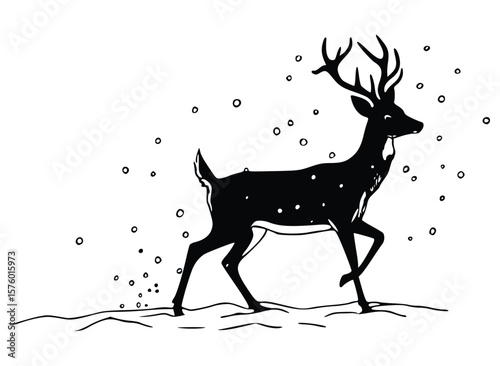 Solitary Stag in Winter Silhouette: A solitary stag gracefully navigates a snow-covered landscape under a gentle snowfall, its silhouette against a pristine background.