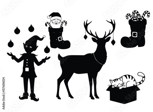 Festive Silhouette: Charming silhouettes of Santa Claus, an elf, reindeer, ornaments, cat and stocking present Christmas spirit and joy.