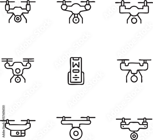 Set of 9 minimalist line art drone icons and remote control quadcopter unmanned aerial vehicle