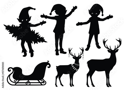 Christmas Silhouette Collection: A whimsical compilation featuring cheerful elves, majestic reindeer, and a charming sleigh, all silhouetted against a pristine backdrop.