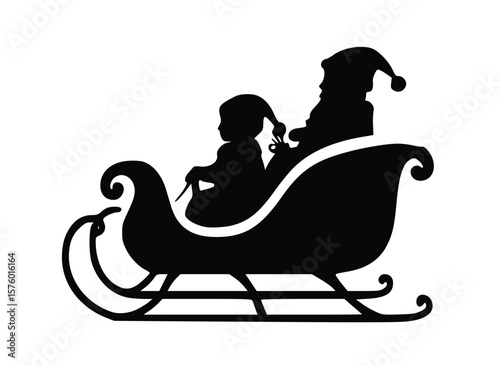 Silhouette of Santa's sleigh with child: Witness a festive silhouette of Santa Claus joyfully riding in a sleigh with a child, a symbol of Christmas spirit and joy. 