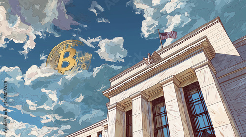 ai generated image of federal reserve bank with bitcoin logo