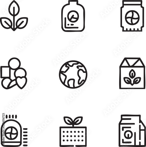 Set of nine black outline icons representing agriculture and nature elements plant sprout