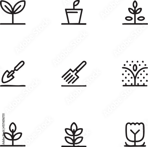 Set of nine minimalist black line art icons depicting plant growth and gardening tools icon set seedling