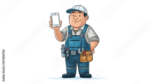 Cartoon electrician mascot holding blank screen phone on white background 