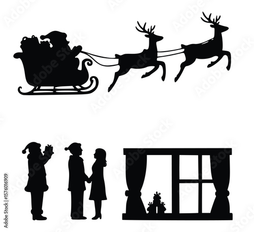Christmas Silhouette Scene: A festive silhouette captures the joy of Christmas, with Santa's sleigh pulled by reindeer and family celebrating the holiday spirit.