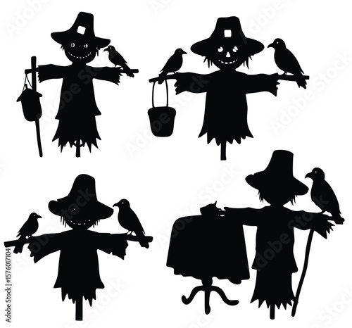 Scarecrow Silhouettes: A collection of scarecrow silhouette with bird, each design exuding rustic charm and playful character.