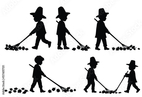 Silhouette's Autumn Chore: A series of silhouettes showcasing a young child engrossed in the autumn task of raking leaves, capturing the essence of seasonal work.