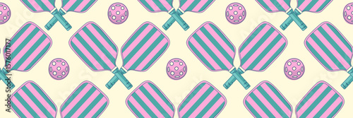 Seamless pattern with striped pink and teal pickleball paddles and matching balls on soft cream background. Great for textile prints, gift wrap, wallpaper or backgrounds