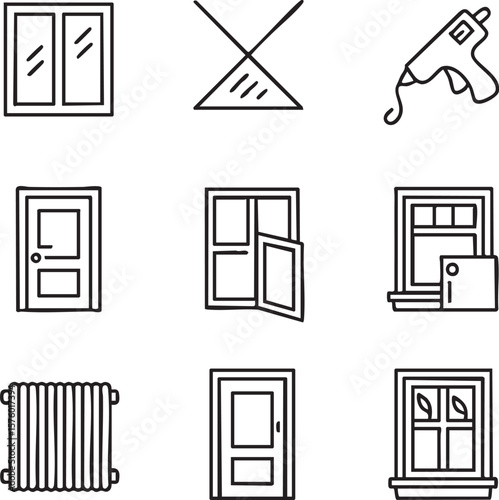 Set of nine simple black line art icons for home renovation and repair vector