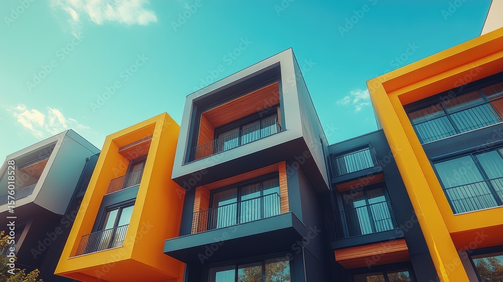 Obraz premium Modern apartment buildings in vibrant colors against a clear sky.