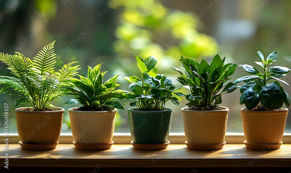 Fototapeta premium Five potted plants of varying species basking in soft window lig