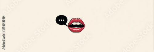 A red-coloured mouth talking, with a speech bubble on the side to indicate speaking, set against a minimalistic background with empty space.