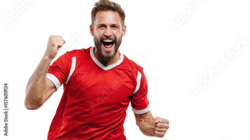 Excited soccer player celebrating a goal with raised fists, isolated with a white background.
