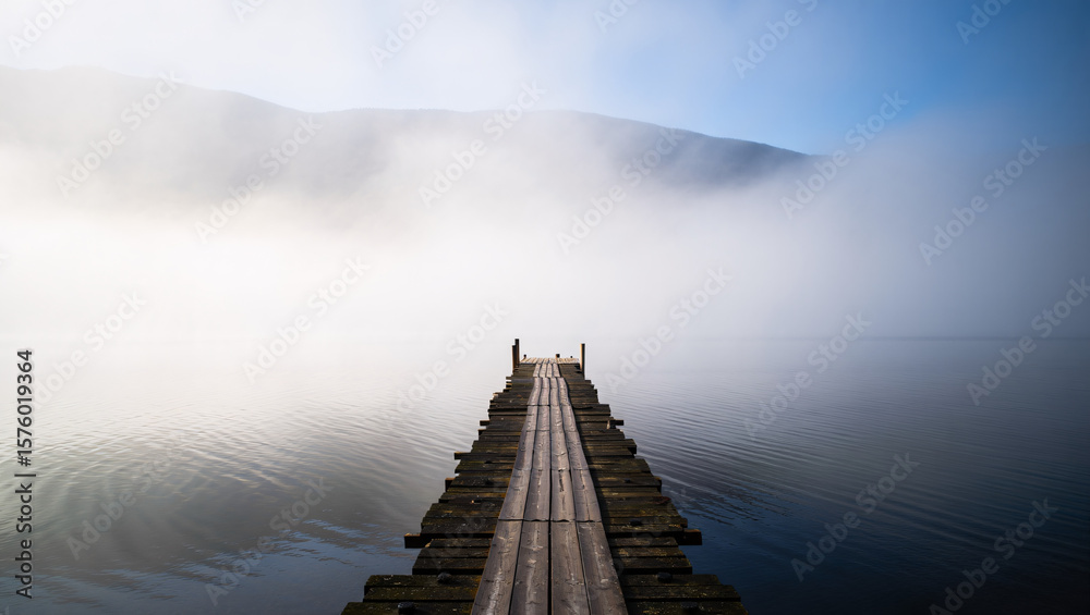 Fototapeta premium Wooden Pier Over Calm Misty Lake at Sunrise with Reflection